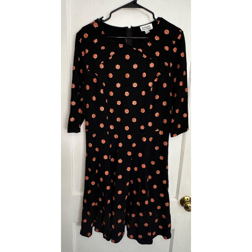 Unique Vintage Size 1X / 16 Black Pumpkin Jack-o'-lantern Knit Dress Halloween